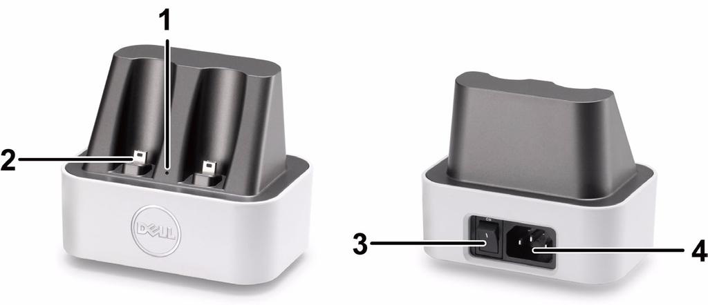 Opis ładowarki dokującej (Opcjonalna, wyłącznie dla S500wi) Widok z przodu Widok z tyłu 1 Wskaźnik LED zasilania 2 Złącze Mini USB 3 Przełącznik zasilania 4 Złącze przewodu