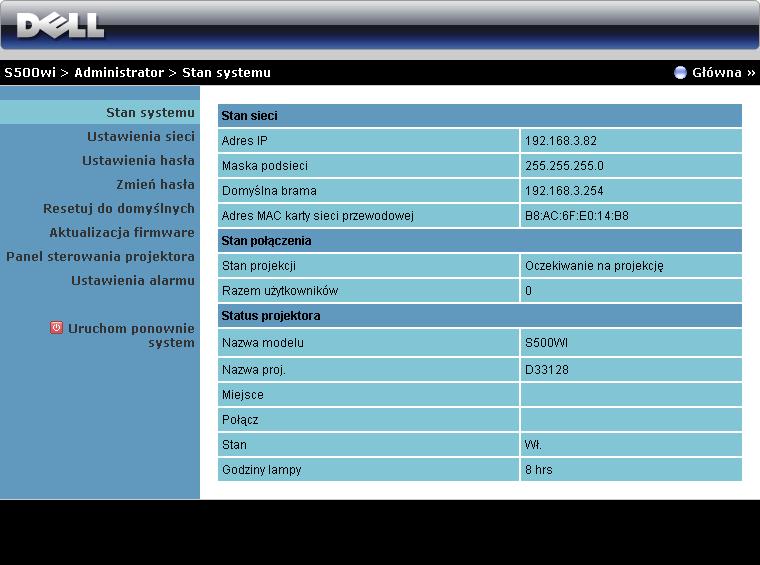 Stan systemu Wyświetlanie informacji Ustawienia sieci, Stan