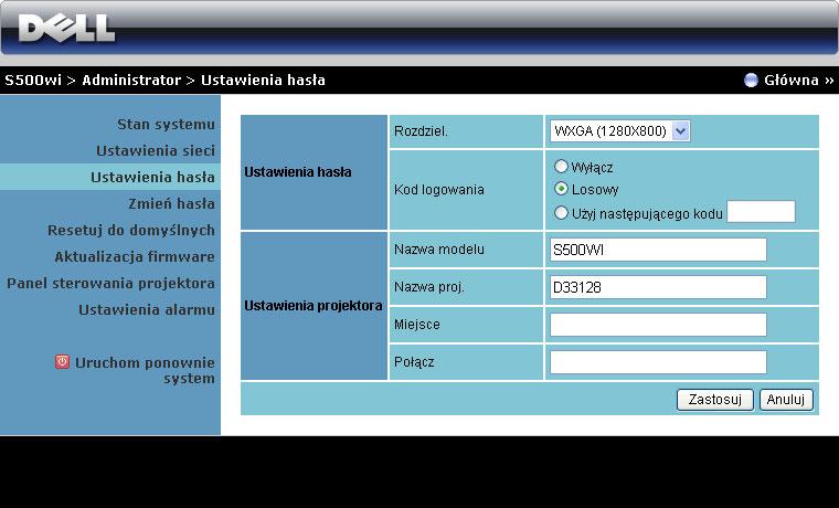 Ustawienia hasła Ustawienia hasła Rozdziel.: Umożliwia wybór rozdzielczości. Dostępne opcje to: XGA (1024 x 768) i WXGA (1280 x 800).