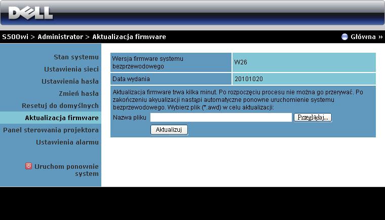 Aktualizacja firmware Użyj strony Aktualizacja firmware do aktualizacji firmware połączenia bezprzewodowego