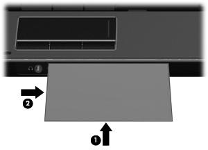 4. Włóż wizytówkę do gniazda wizytówek z przodu komputera (1) i przesuń ją w prawo (2) by ustawić ją względem kamery.