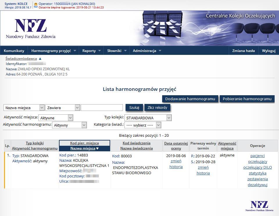 4 Praca z systemem Po poprawnym zalogowaniu do aplikacji, zostanie wyświetlona Lista harmonogramów przyjęć. Całe okno zbudowane jest z obszarów opisanych w poniższych punktach. 1.