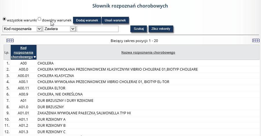 Rys. 9.2 Słownik rozpoznań chorobowych W górnej części okna umieszczono warunki filtrowania domyślnie na liście prezentowany jest jeden warunek.