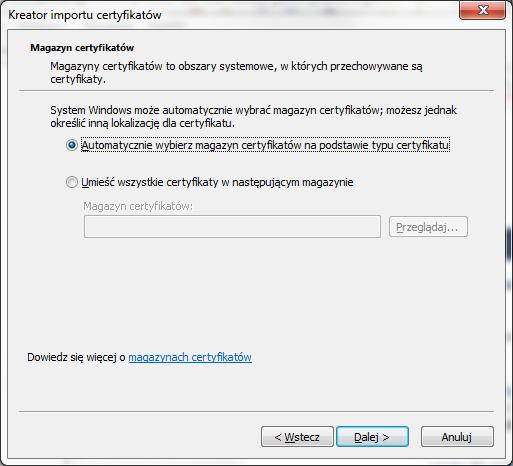 Rys. 10.9 Kreator importu certyfikatów 9. W ostatnim kroku nastąpi import certyfikatu po skorzystaniu z opcji Zakończ w kreatorze: Rys. 10.10 Kreator importu certyfikatów 10.