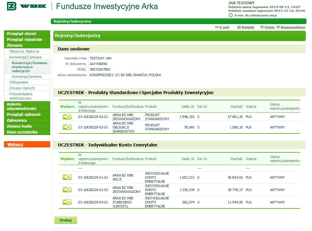 Zamiana otwierająca subrejestr Krok 1 Zaloguj się do Arka Online (z portalu internetowego www.arka.pl klikając w prawym górnym roku lub bezpośrednio - www.transferowy24.