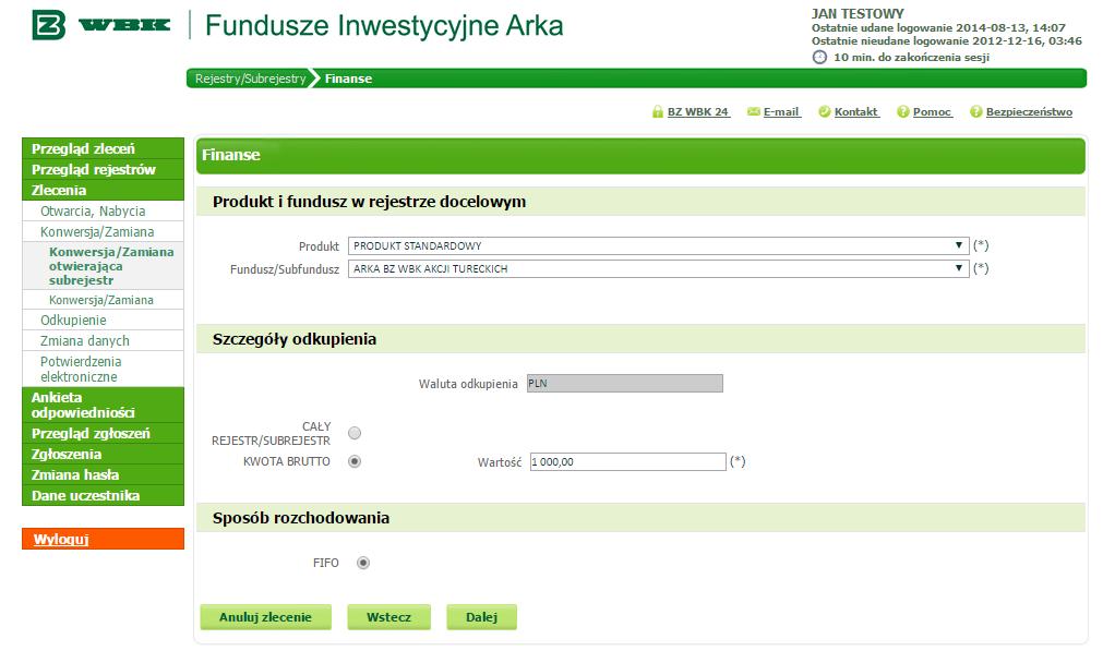 Zaznacz miarę odkupienia (czyli sposób, w jaki określisz wartość jednostek przeznaczonych do zamiany z subrejestru źródłowego), cały rejestr/subrejestr zamianie podlegać będą wszystkie jednostki na