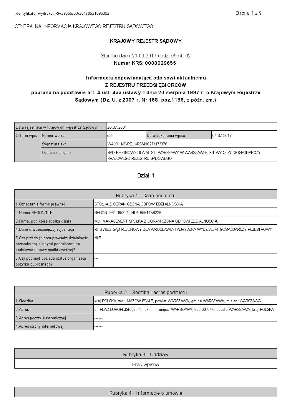 21. Aktualny odpis z KRS Emitenta Na dzień sporządzenia Noty Informacyjnej nie zostały uwidocznione w KRS zmiany w Zarządzie Emitenta dokonane w sierpniu 2017 r. W dniu 21 sierpnia 2017 r.