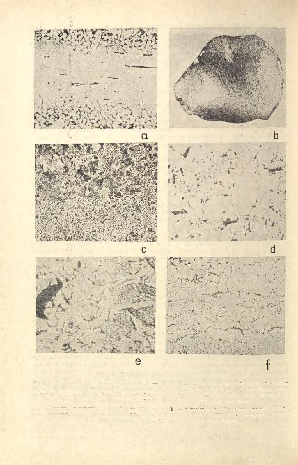 Ryc. 4. Struktury przedmiotów żelaznych: N o w a C e r e k w i a, pow. Głubczyce : a fragment, struktura, pow. 100 X ; b, c szydło nr 1: b struktura na poprzecznym przekroju, pow.
