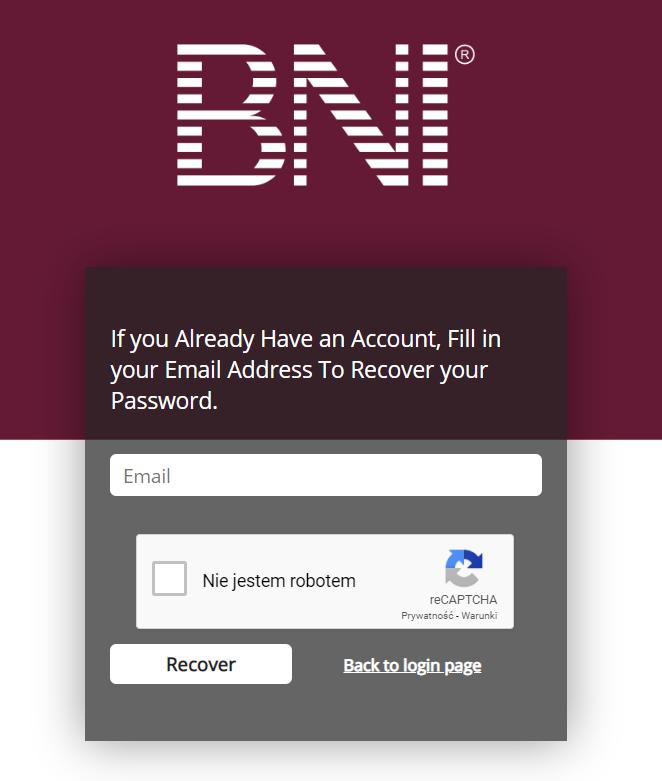 . Wpisz swój login (adres e-mail z BNI Connect) zaznacz Nie