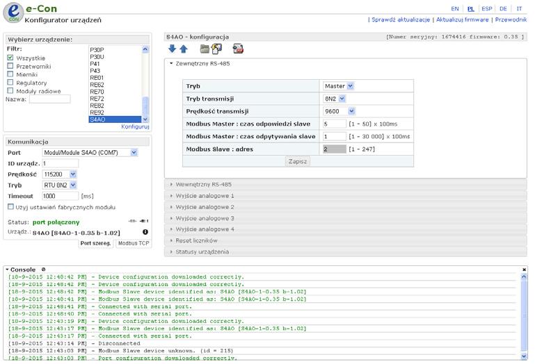 5.9 Konfiguracja urządzenia przy pomocy programu econ 22 Rys. 12: Widok okna programu econ Bezpłatny program econ przeznaczony do konfigurowania modułu S4AO dostępny jest na stronie producenta (www.
