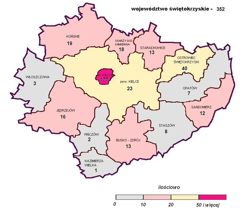 LICZBA INSTYTUCJI SZKOLENIOWYCH W WOJEWÓDZTWIE ŚWIĘTOKRZYSKIM WEDŁUG POWIATÓW stan na dzień 31-12-2018 Połowa wszystkich instytucji zarejestrowanych w województwie świętokrzyskim ma swoją siedzibę w