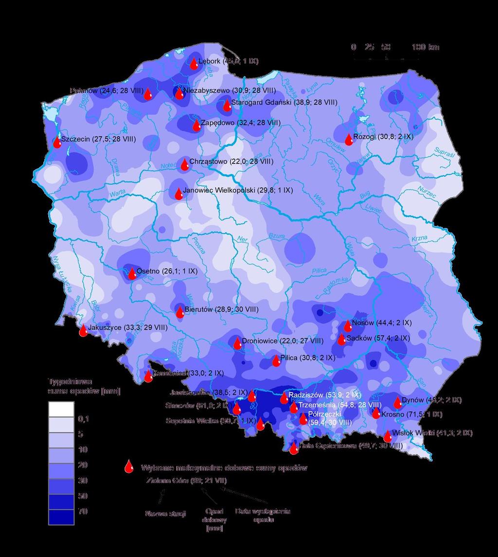 3. Rozkład tygodniowej sumy opadów oraz wybrane maksymalne