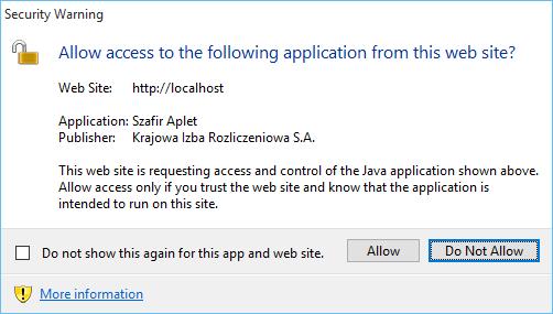 1. Tworzenie konta 11 Należy zezwolić na uruchomienie apletu, a następnie zatwierdzić monit bezpieczeństwa przyciskiem Allow : Rys. 10.