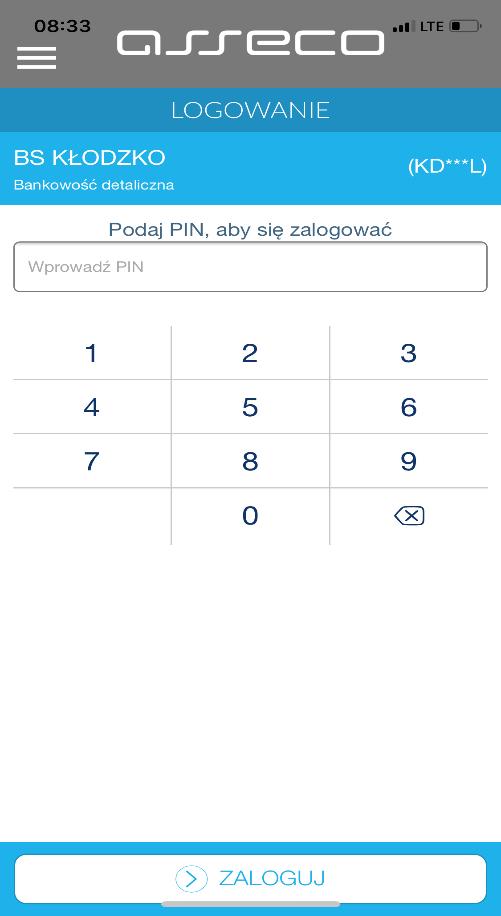 Po poprawnej aktywacji urządzenia użytkownik zostanie przekierowany na ekran główny aplikacji, poprzez który będzie miał możliwość zalogowania się do aplikacji mobilnej za pomocą kodu PIN