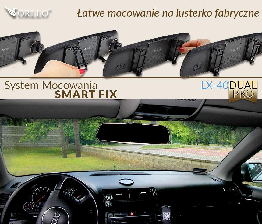 Kamera samochodowa ORLLO LX-40DUAL PRO pasuje do każdego samochodu! Zastosowanie systemu elastycznych szybkozłączek SMART FIX sprawia, że możesz założyć wideorejestrator na każde lusterko fabryczne.