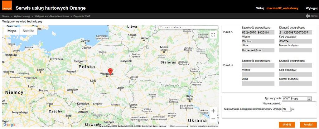 Po uruchomieniu kafla Zapytanie WWT pojawi się ekran zawierający 1. Osadzoną mapę google umożliwiającą zaznaczenia markerów dla adresów A i B wstępnego wywiadu technicznego.