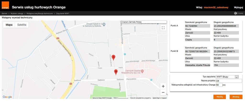 Po uzupełnieniu danych, należy kliknąć przycisk wyślij.