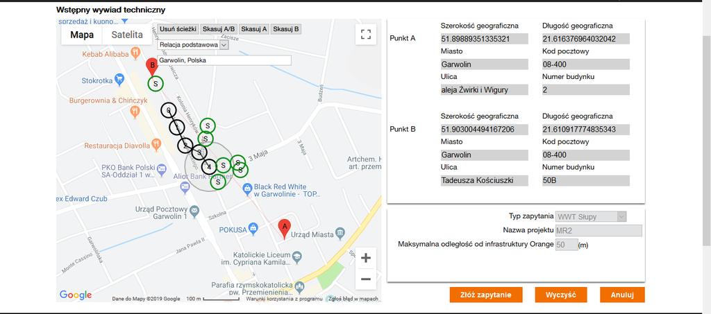 zaznaczyć słupy mające stanowić trasę relacji głównej.