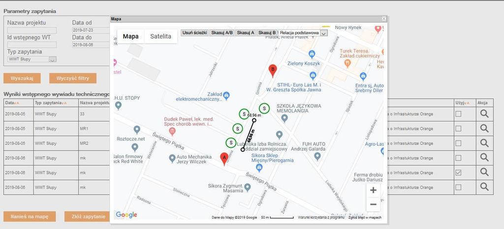 Mapka umożliwia pomiar odległości punktów (czarna linia na mapie).