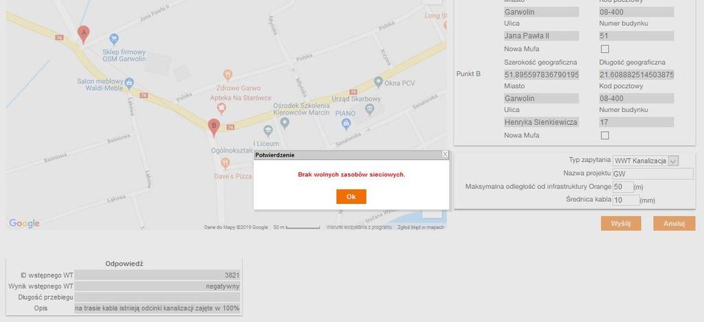 2. Negatywny wynik WWT zawiera komunikat o braku możliwości dostępu do infrastruktury OPL Brak wolnych zasobów sieciowych oraz