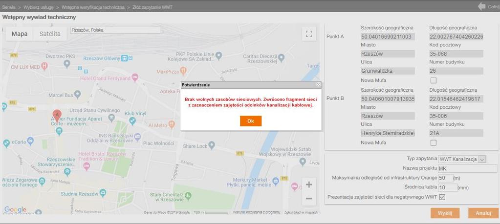 sieciowych. Zwrócono fragment sieci z zaznaczeniem zajętości odcinków kanalizacji kablowej.