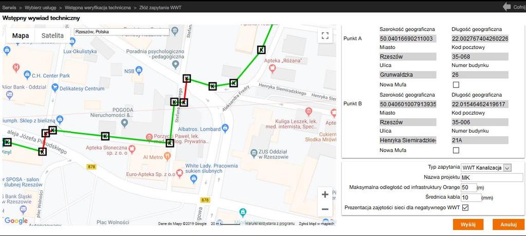 W polu Odpowiedź pojawi się informacja o negatywnym wyniku WT, a w opisie informacja o zajętości kanalizacji.