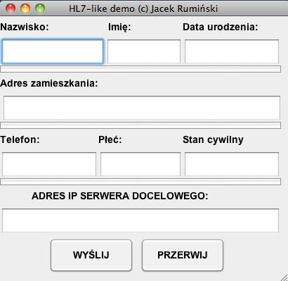 w którego formularzu wpisujemy przykładowe dane pacjenta. Dane te zostaną wykorzystane do utworzenia treści komunikatu HL7.
