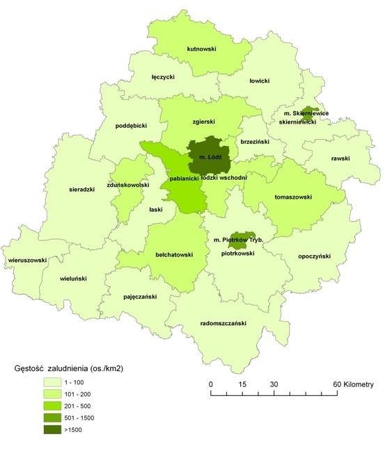 Mapa 4. Gęstość zaludnienia w województwie łódzkim (stan na dzień 31.12.2012 r.) 2.