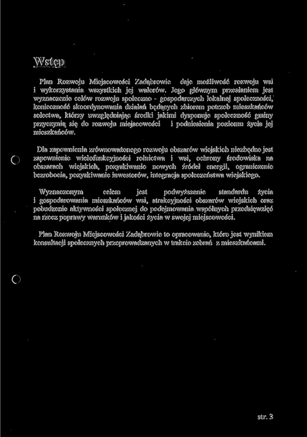 Wstęp Plan Rozwoju Miejscowości Zadąbrowie daje możliwość rozwoju wsi i wykorzystania wszystkich jej walorów.