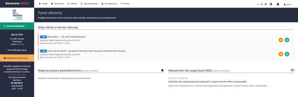 2. Panel główny Po zalogowaniu się do Generatora, użytkownik zostaje automatycznie przeniesiony do głównego panelu użytkownika Generatora engo.