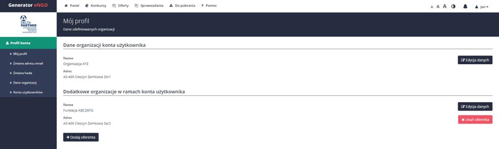 2.1.2 Dane organizacji Aby przejść do zakładki Dane organizacji, należy ponownie kliknąć w ikonkę z imieniem się w prawym górnym rogu ekranu i wybrać z listy Dane organizacji.