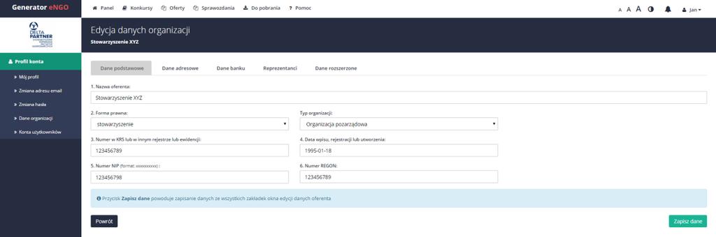 Wszystkie dane oferenta wprowadzone podczas dodawania lub edycji danych oferenta będą automatycznie kopiowane do nowo tworzonego wniosku ofertowego oraz sprawozdania.