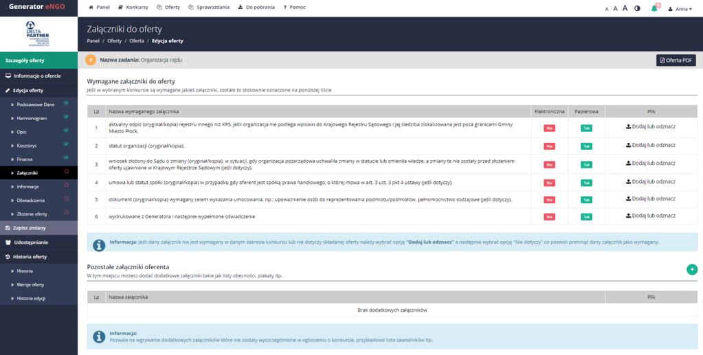 Rysunek 28 Edycja oferty - Załączniki 3.2.7 Informacje W zakładce Informacje znajdują się pola tekstowe, które należy wypełnić, zgodnie ze stanem faktycznym.