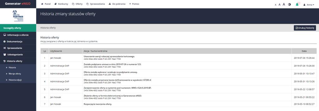 Rysunek 34 Historia oferty 3.4.6 Historia edycji oferty W tej zakładce znajdują się informacje dotyczące historii zmian w danej ofercie.
