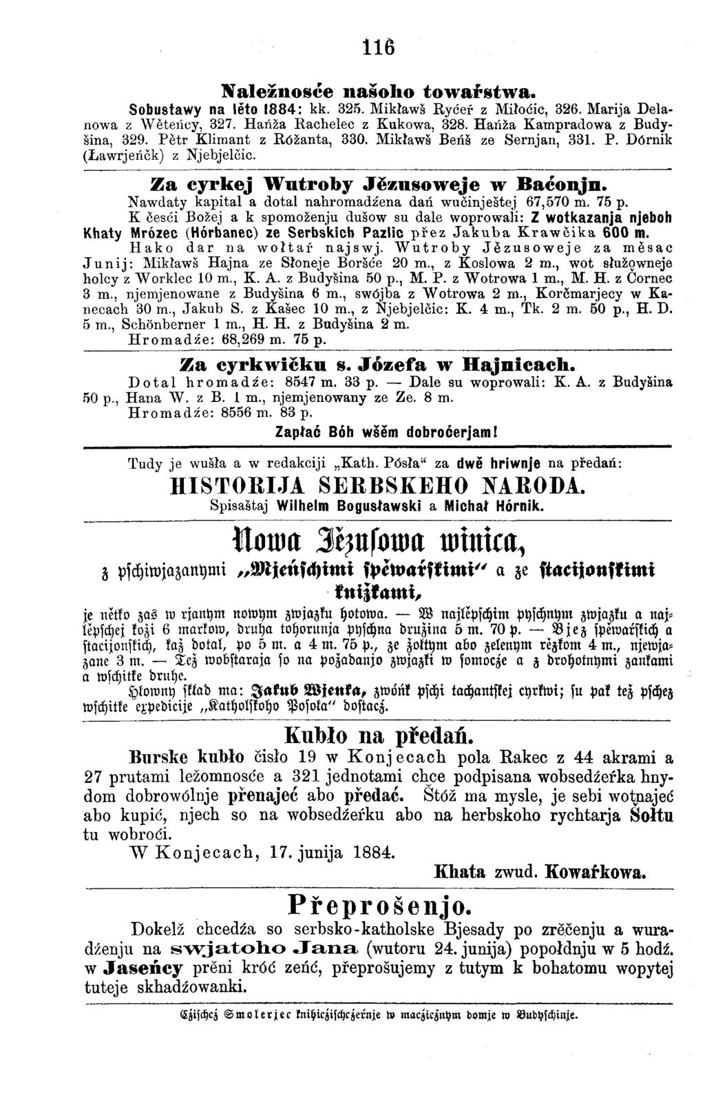 116 Naležnosće našolio towařstwa. Sobustawy na lĕto 1884: kk. 325. Mikława Rydeř z Miłoeic, 326. Marija Delanowa z Wĕteńcy, 327. Hańža Rachelec z Kukowa, 328. Hańža Katnpradowa z Budyaina, 329.