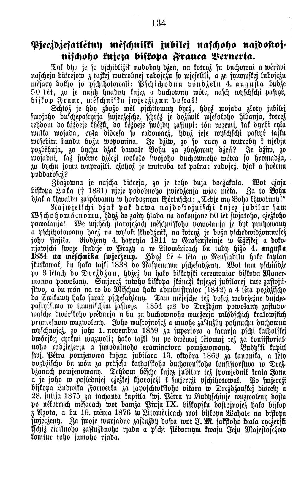 134 Pjeezdzesatletny meschniski jubilej naschoho najdostojnischoho knjeza biskopa Franea Bernerta.