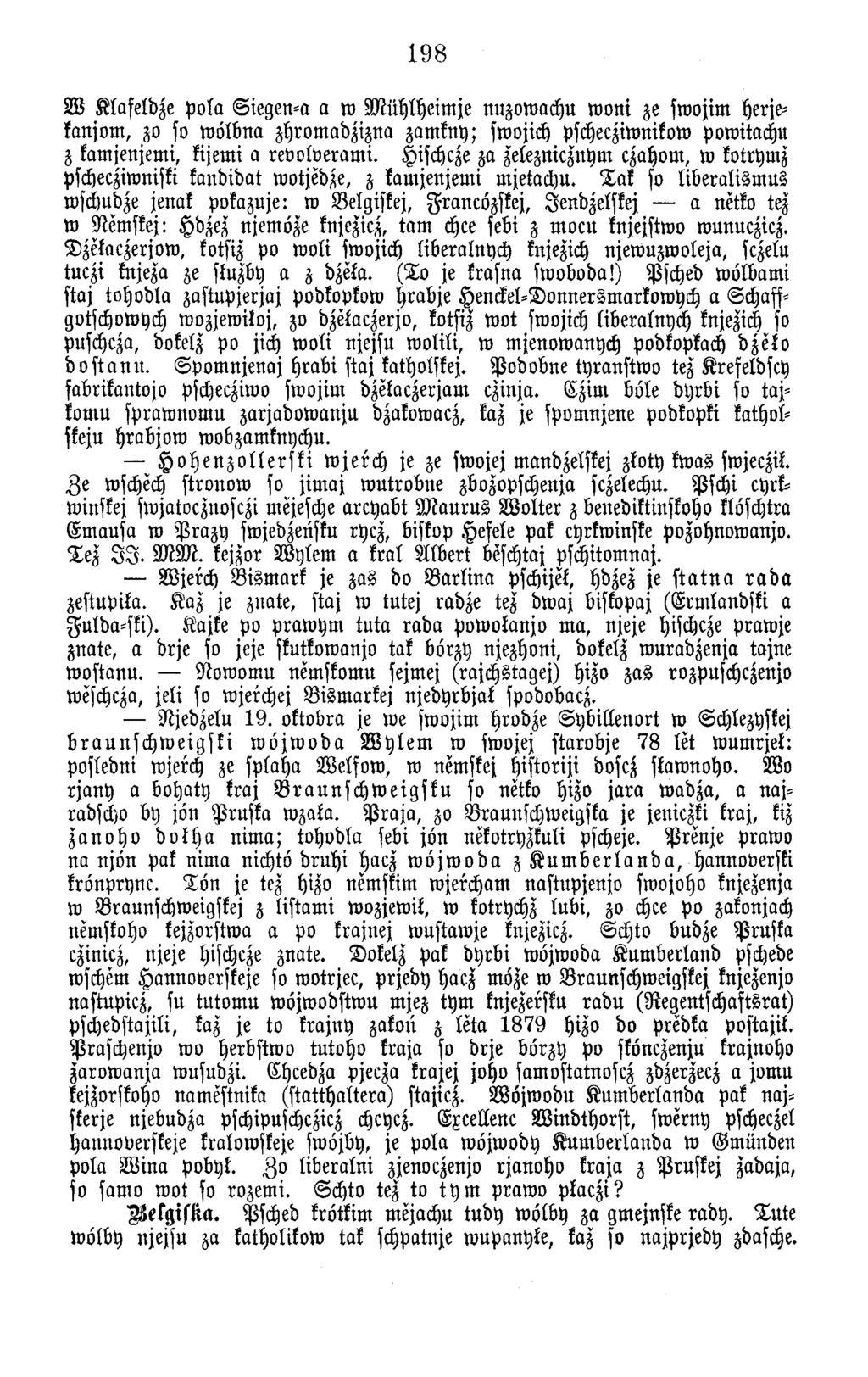 198 W K lafeldze p o la S ie g e n -a a w M ü h lh e im je nuzow achu w o n i ze sw ojim herjefonjorn, zo so w ö lb n a zhrom adzizna zam kny; swojich pschecziwnikow pow itachu z kam jenjem i,