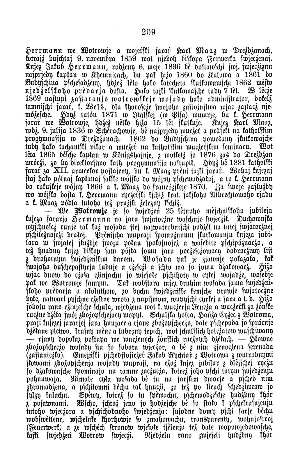 209 H e r r m a n n w e W o tro w je a wojerski f a r a r K a rl M a a z w D rezdzanach, kotrajz buschtaj 9. n o v em b ra 1 8 5 9 w o t njeboh biskopa F o rw e rk a swjeczenaj.