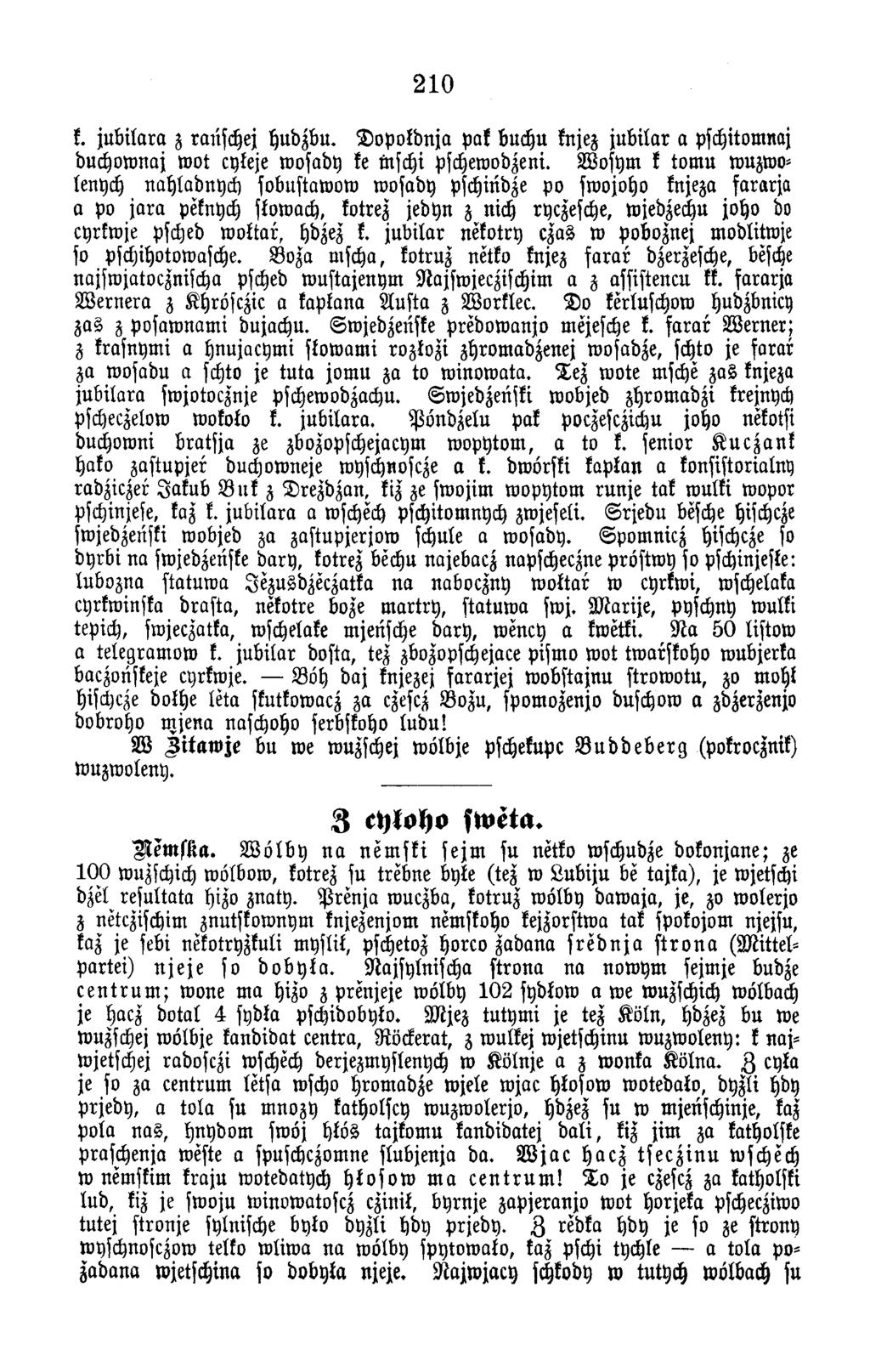 210 k. ju b ila ra z ranschej h udzbu. D o p o k d n ja Pak buchn knjez ju b ila r a pschitomnaj duchow naj w ot cykeje w osady ke tuscht pschewodzeni.
