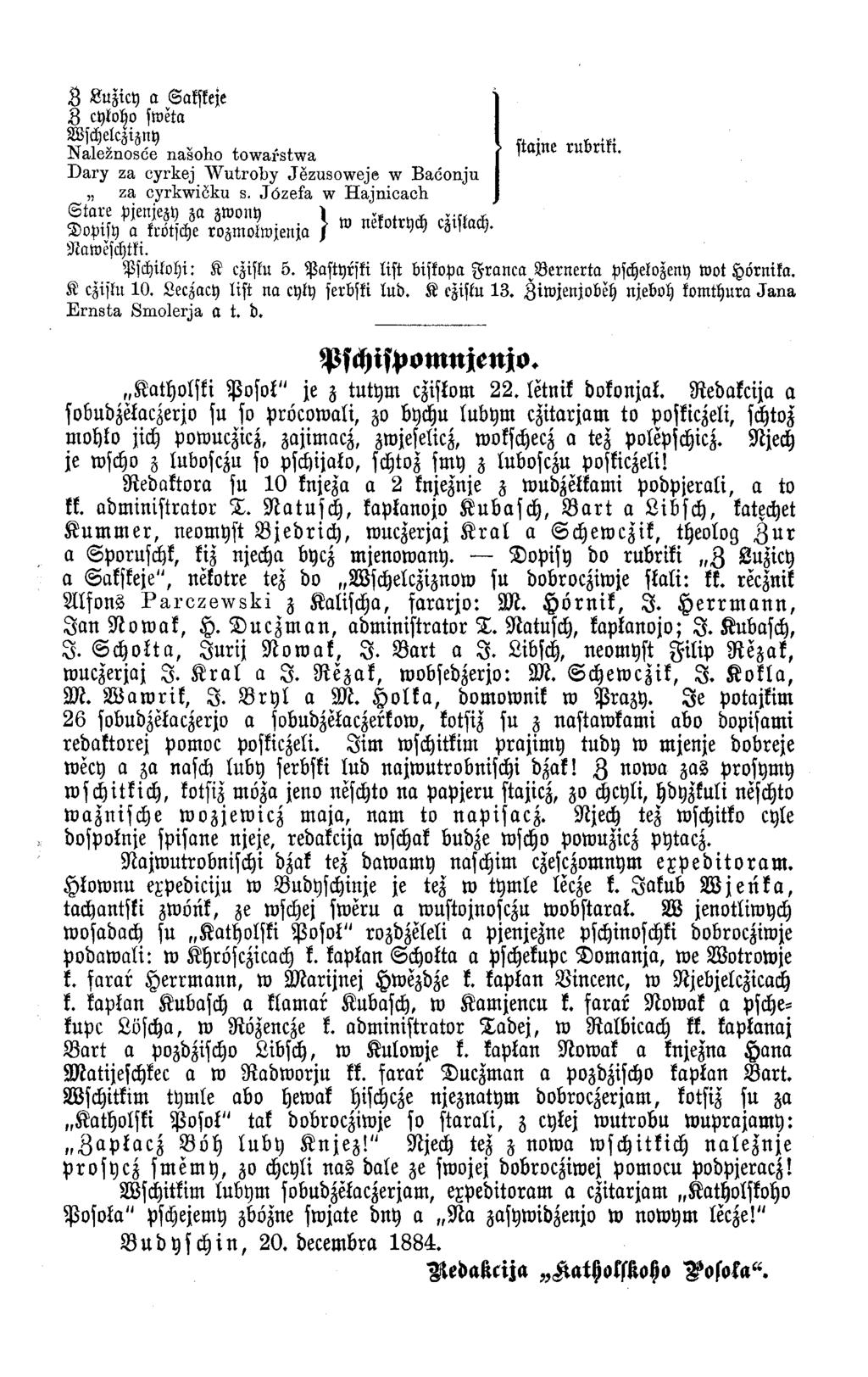 Z Luzicy a Sakskeje 8 cyloho sweta Wschelczizny Naležnostie našoho towařstwa Dary za cyrkej Wutroby Jĕzusoweje w Badonju za cyrkwidku s.
