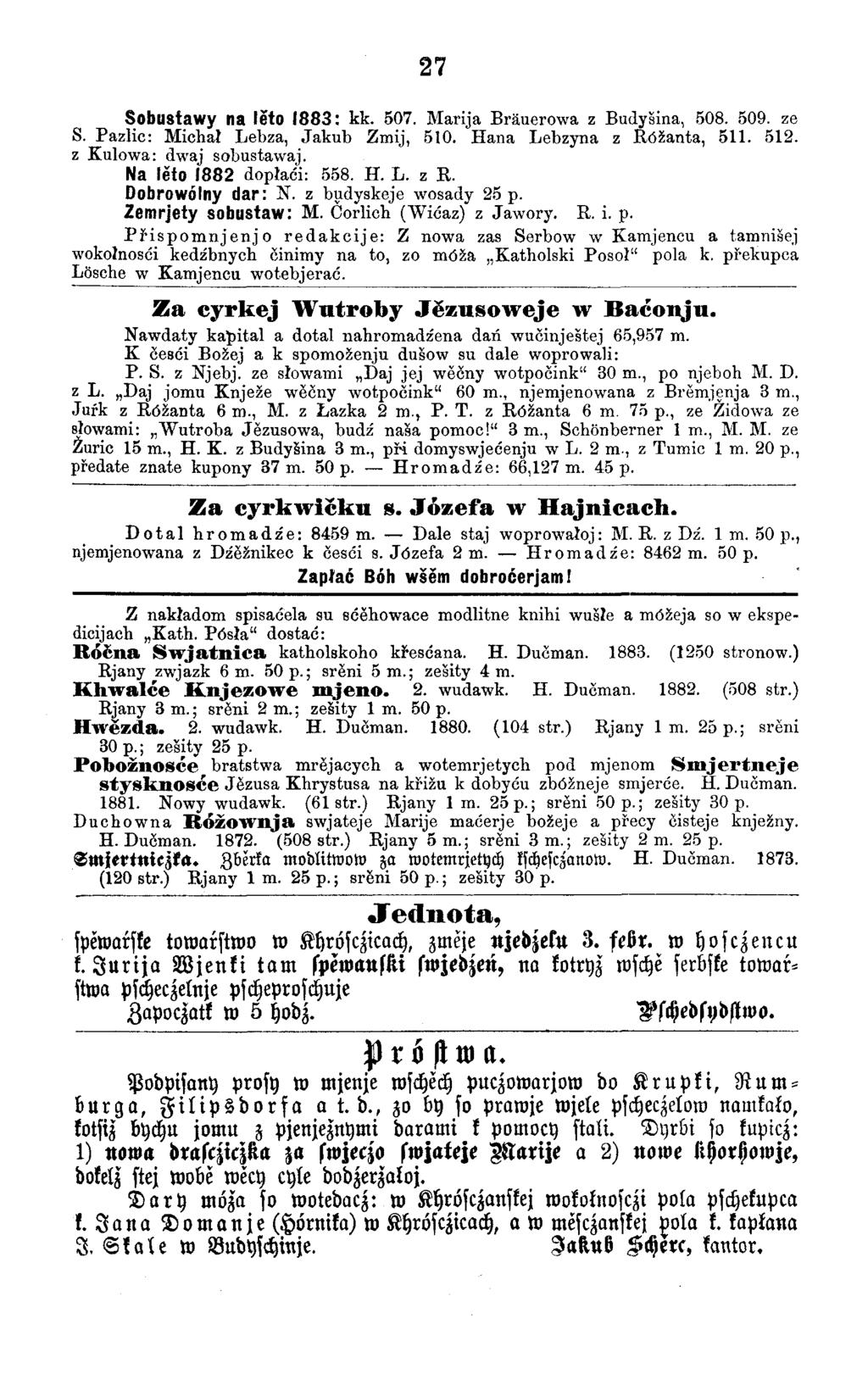 27 Sobustawy na lĕto 1883: kk. 507. Marija Bräuerowa z Budyšina, 508. 509. ze S. Pazlic: Michal Lebza, Jakub Zmij, 510. Hana Lebzyna z Rćžanta, 511. 512. z Kulowa: dwaj sobustawaj.