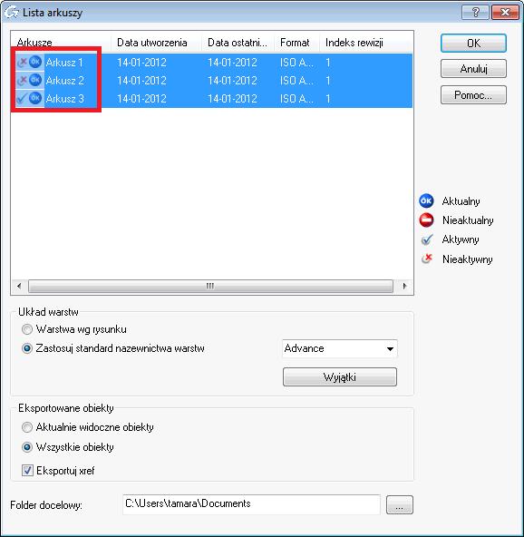 Eksport Zbiorowy eksport arkuszy do DWG Wprowadzono możliwość jednoczesnego eksportu kilku arkuszy.