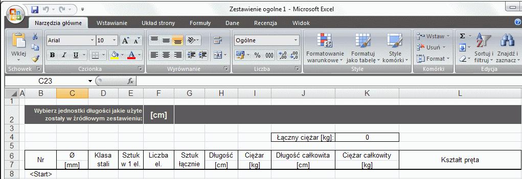 W szablonie Excel można określić komórkę