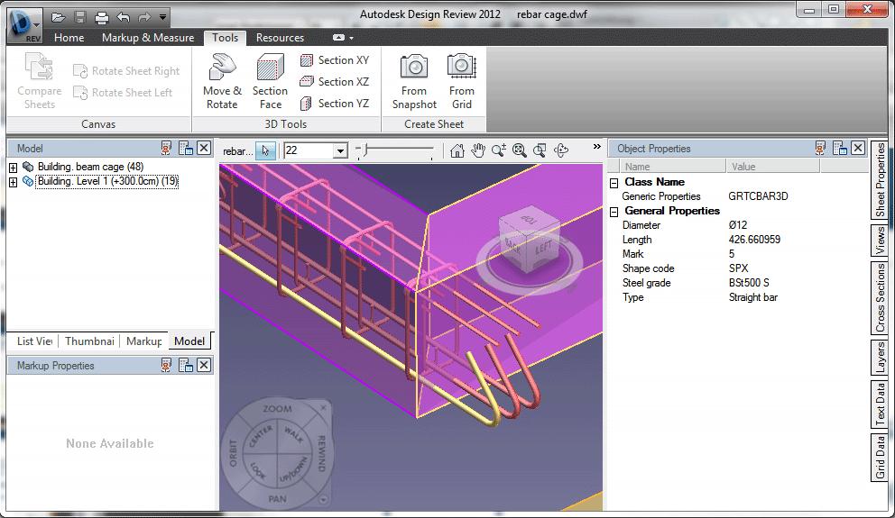 Eksport do DWF wraz z właściwościami Elementy modelu są eksportowane do 3D DWF wraz z właściwościami (np. przekrój, materiał). Zbrojenie 3D jest eksportowane do 3D DWF wraz z właściwościami (np.