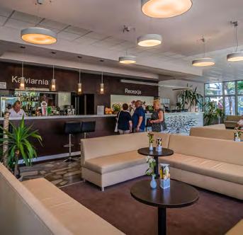 25 komfortowych domków, 168 pokoi w czterech pawilonach, recepcja i przestronny lobby bar, kawiarnia, winda w każdym pawilonie, sala wielofunkcyjna/szkoleniowa,