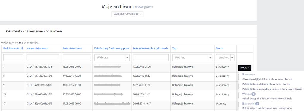 4.5. Moje archiwum widok prosty i złożony Moje archiwum - to zbiór dokumentów z zakończonym obiegiem (status dokumentu zakończony lub usunięty), których autorem jest zalogowany użytkownik.