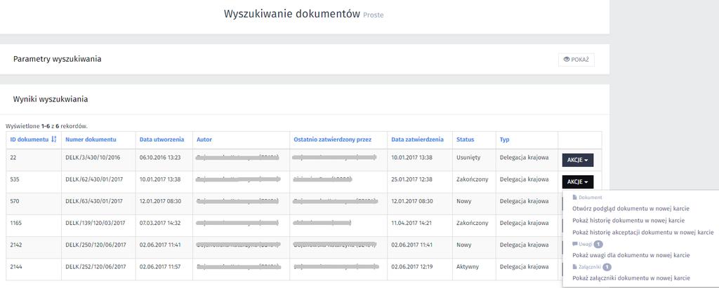 UWAGA: Akcje otwierane są w nowej karcie przeglądarki - należy umożliwić w ustawieniach przeglądarki otwieranie nowych okien przez stronę aplikacji (wyłączyć blokowanie wyskakujących okienek dla tej