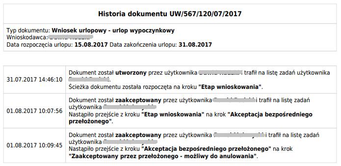 Historia dokumentu przykład wydruku PDF dla wniosku urlopowego 5.2.
