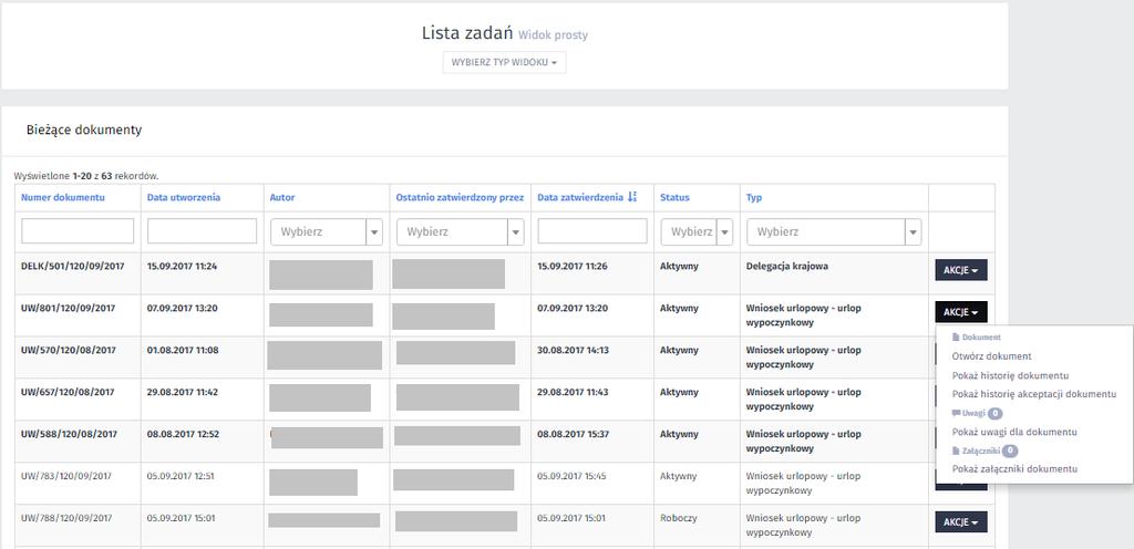 Lista zadań widok prosty. Lista zadań - widok złożony zawiera listy wszystkich dokumentów pogrupowane oddzielnie według typów dokumentu np.