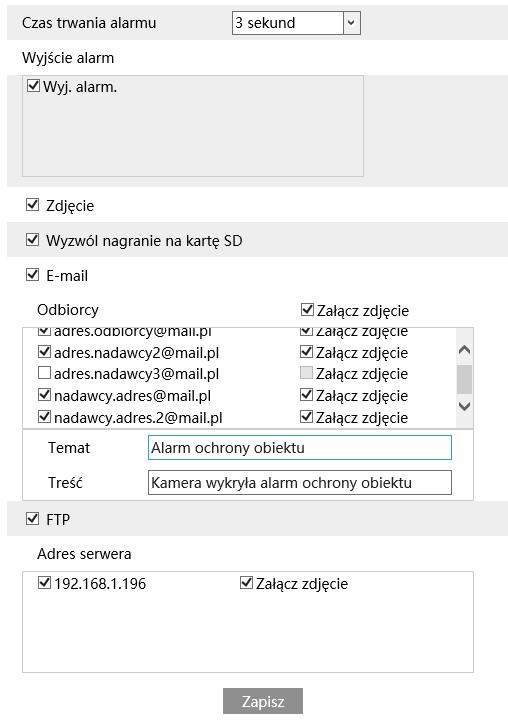 Reakcje alarmowe: Wyjście alarmowe - zaznaczenie tej opcji włączy funkcję sterowania wyjściem alarmowym kamery.